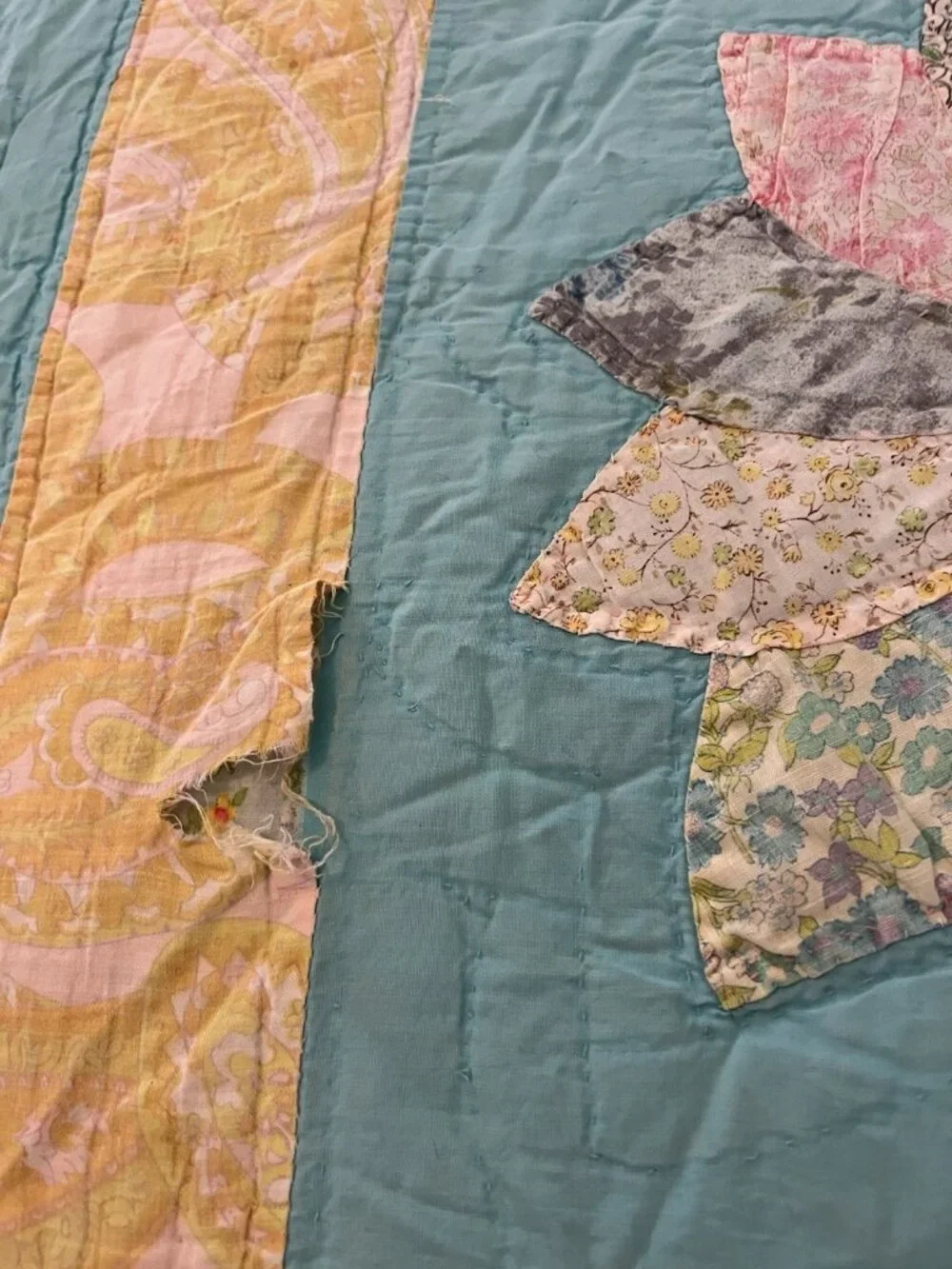 Dresden Floral Pinwheel Plates Quilt Pastel Scalloped Vtg Hand Stitched 60x80